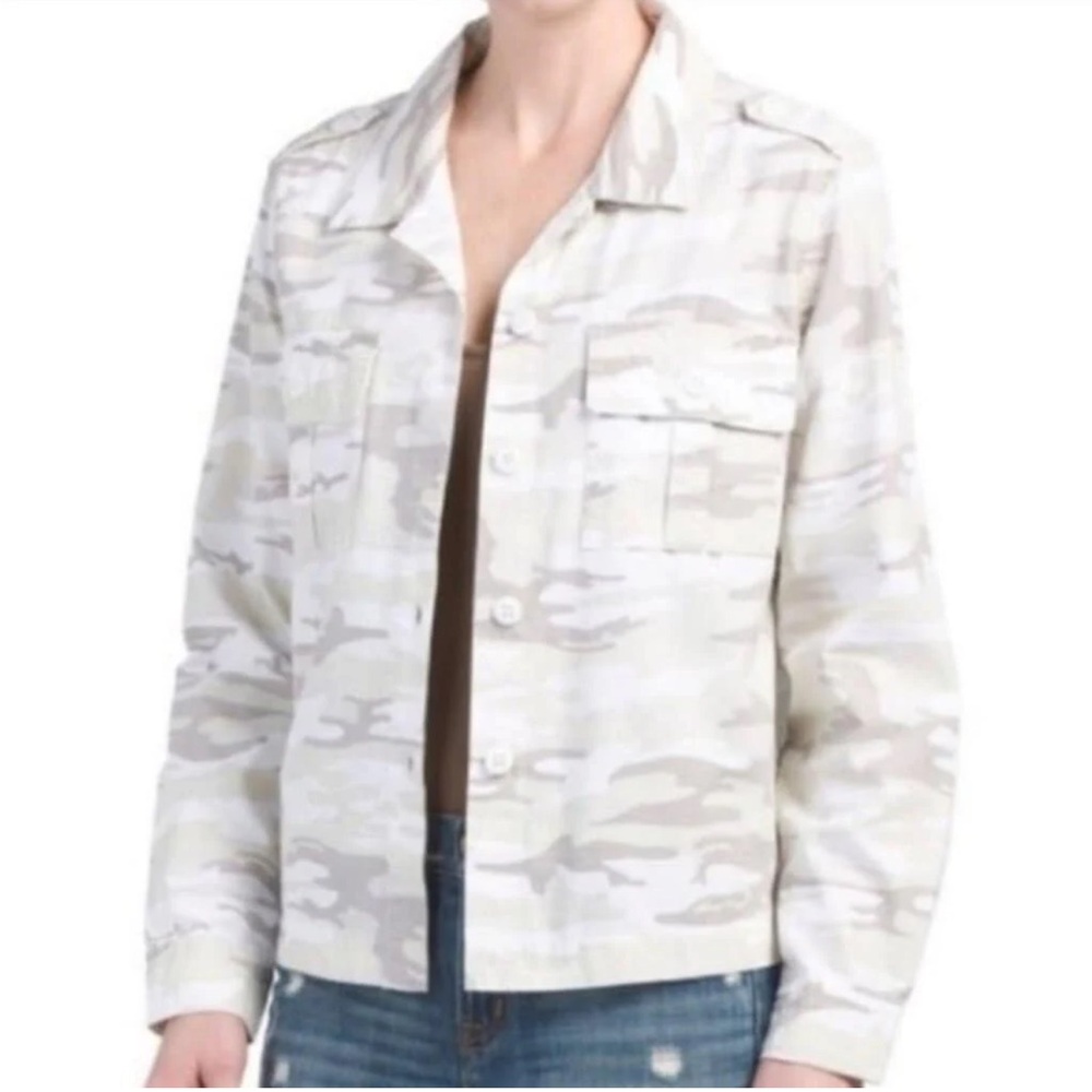 Sanctuary Cotton Button Front Jacket, Neutral Camo Print, Pockets, Size M